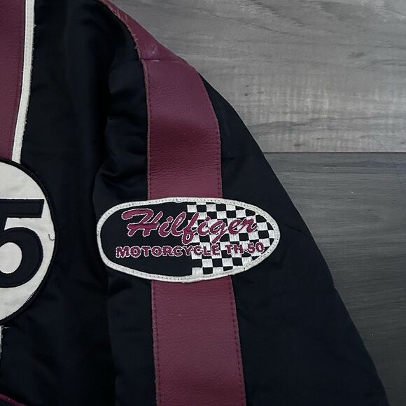 Vintage Tommy Hilfiger Racing Motorcycle Jacket Patches Men's XL Black Nylon - Picture 2 of 13